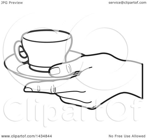 Clipart of a Black and White Hand Holding a Tea Cup and Saucer ...