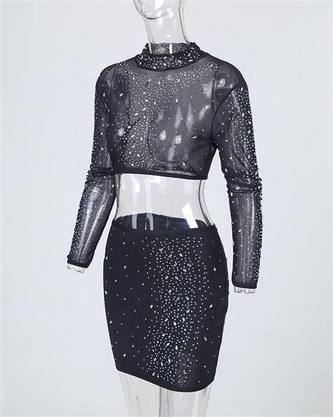 Mesh Rhinestone Two Piece Dress