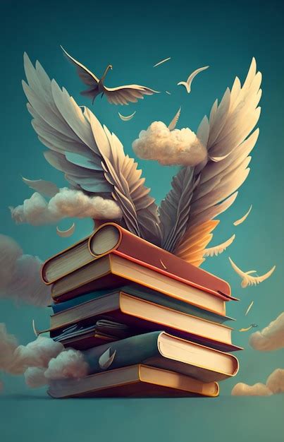 Premium Photo A Book Is Flying Above A Stack Of Books With A Bird