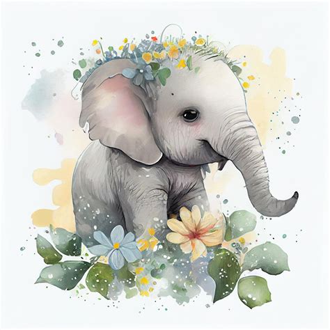 Premium Photo A Watercolor Painting Of A Baby Elephant With Flowers