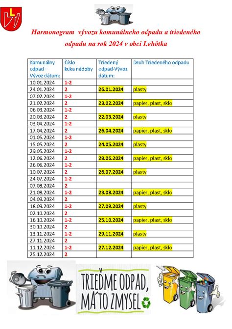 Harmonogram vývozu komunálneho odpadu a triedeného odpadu v obci na rok