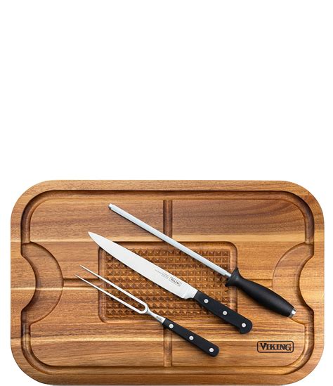 Viking Acacia Wood Cutting Board with 3-Piece German Steel Carving Set ...