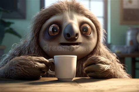 Sloth Cartoon Character Holding Cup Of Morning Coffee Illustration Ai