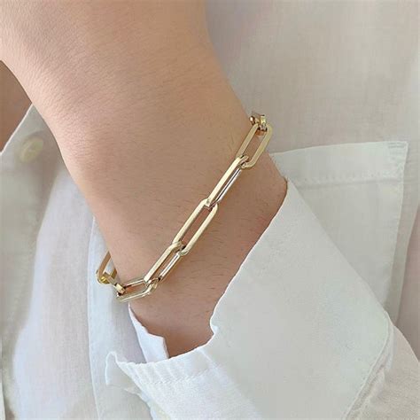 K Solid Gold Large Rectangle Bracelet K Gold Paperclip Etsy