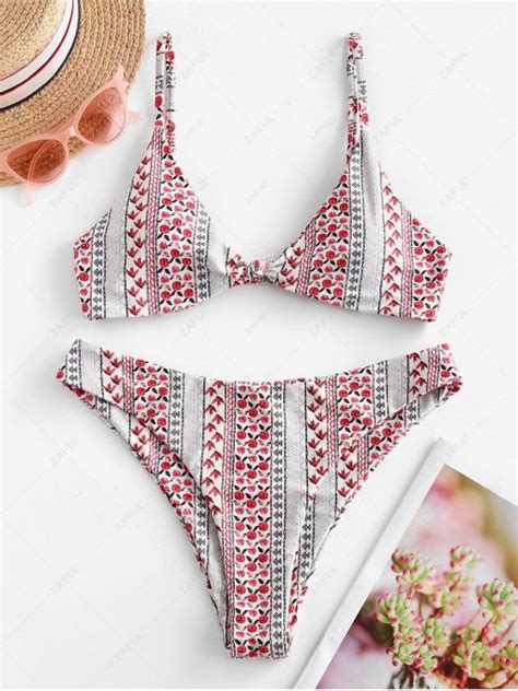 [32 Off] 2021 Zaful Bohemian Flower Knotted Cami Bikini Swimwear In