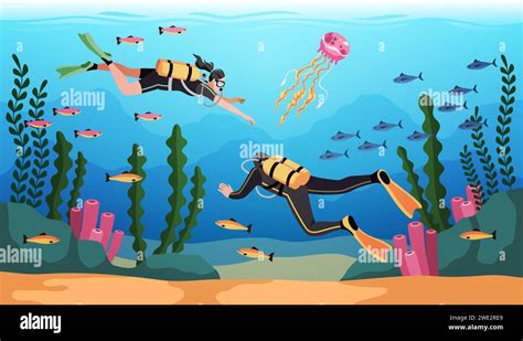 Cartoon Divers Under Water People With Scuba Gear And Oxygen Tanks Are