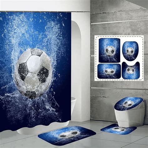 4 Pcs Sports Shower Curtain Football On Fire And Water Flame Splashing