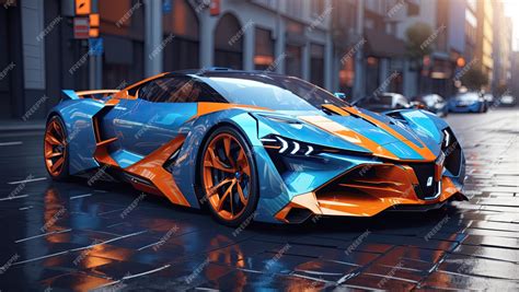 Premium Ai Image Futuristic Blue And Orange Sports Car On City Street