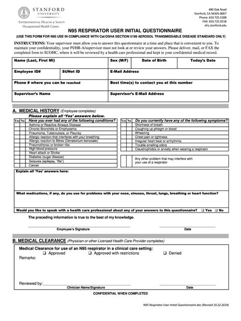 Fillable Online Stanford Respirator Medical Evaluation Questionnaire