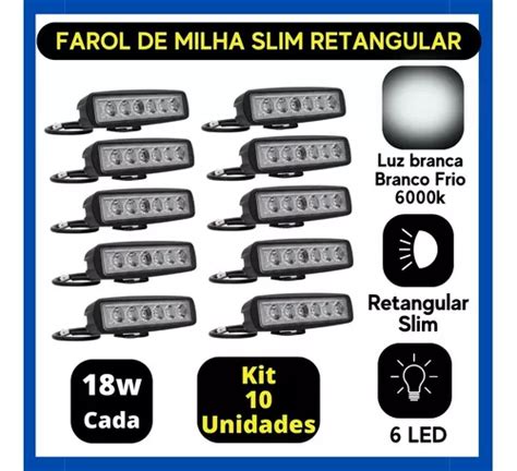 Kit 10 Farol De Milha Slim Retangular Luz Branca Fria 6000k