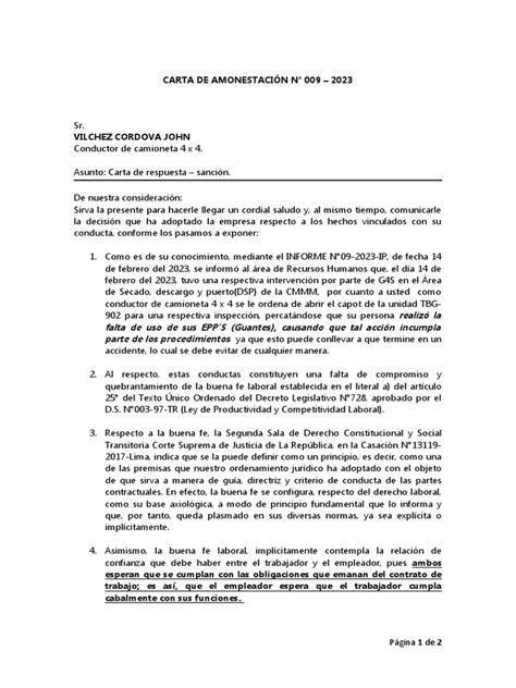 Carta De Amonestación Por Incumplimiento De Normas De Seguridad En El