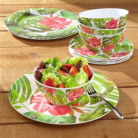 Amazon BrylaneHome Hibiscus 12 Pc Dinnerware Set Multi Red