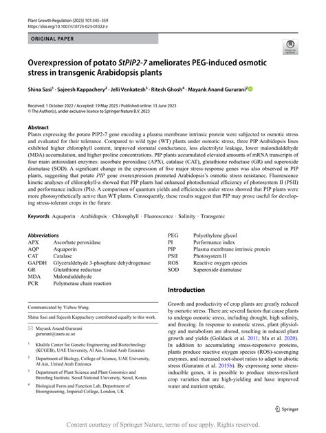 Overexpression Of Potato Stpip Ameliorates Peg Induced Osmotic