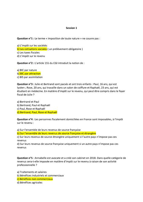 QCM 2020 2021 QCM Droit Fiscal EXAMEN FINAL Session 1 Question