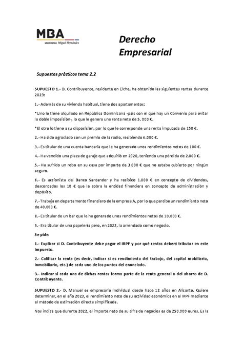 Enunciado Supuestos Prácticos Tema 22 Curso 2023 23 Derecho