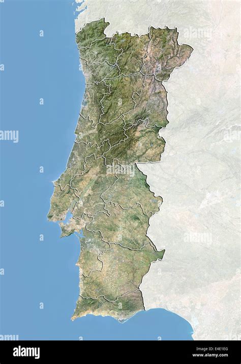 Portugal Satellite Image With Bump Effect And District Boundaries