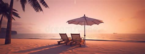 Two Beach Chair And Umbrella On Beautiful Beach On Sunset Travel