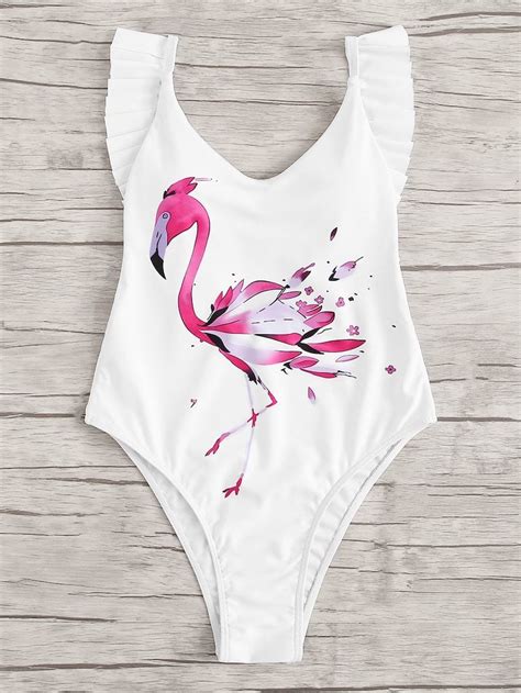 Flamingo Print Ruffle Backless One Piece Swim Backless One Piece