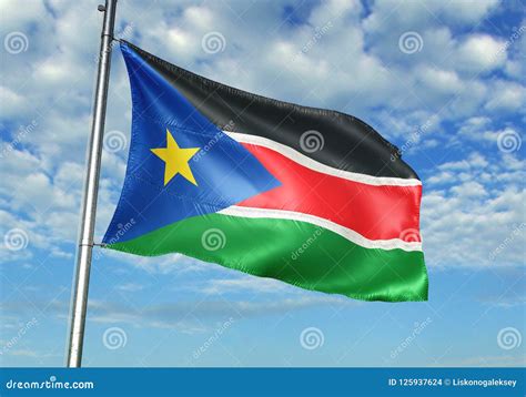 South Sudan Flag Waving With Sky On Background Realistic 3d