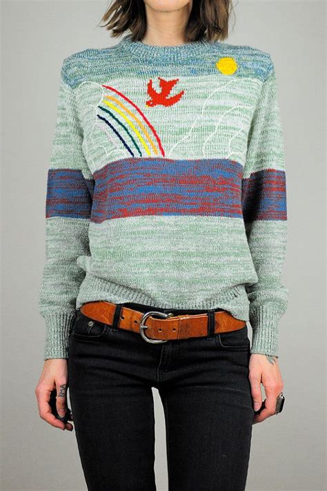 Rainbow Vtg S Novelty Folk Knit Space Dyed Sweater Dove Etsy