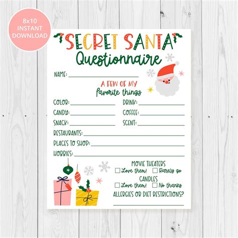 Secret Santa Questionnaire Printable 8x10 Christmas Holiday Secret