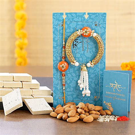 Orange Pearl Lumba Rakhi Set And Almonds With Kaju Katli Usa Gift