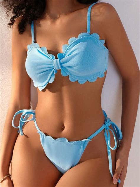 Shein Swim Mod Women S Seashell Edge Side Tie Bikini Set Shein Usa