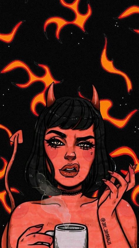 A Drawing Of A Woman Holding A Mug In Front Of Her Face With Flames