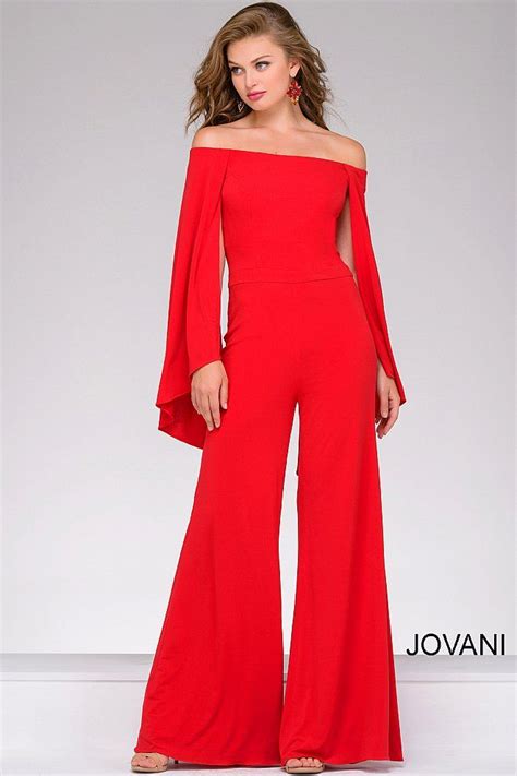 Red Off The Shoulder Jersey Jumpsuit 39598 Prom Dresses Jovani Prom