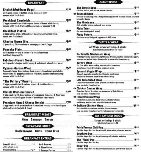 Menu at East Bay Deli restaurant, North Myrtle Beach