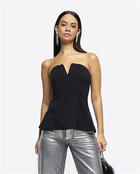 Black Bandeau V Neck Top River Island