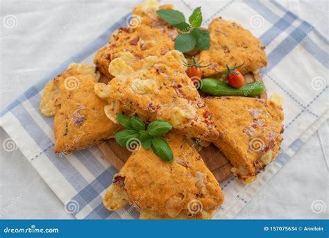 Savory Cheese Muffins With Basil And Sun Dried Tomato Stock Photo