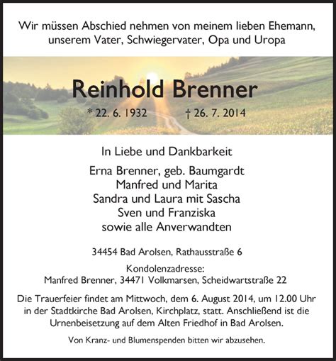 Traueranzeigen Von Reinhold Brenner Trauer HNA De