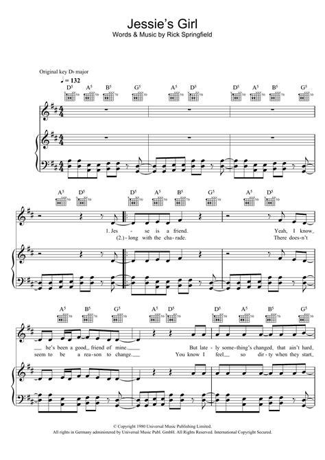 Jessie's Girl Sheet Music by Rick Springfield for Piano/Vocal/Guitar ...