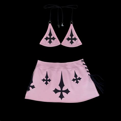 U𝖓𝖍𝖔𝖑𝖞 2 Pc Set Handmade Baby Pink Y2k Bikini Top Low Rise Lace up Micro Mini Skirt Glitter
