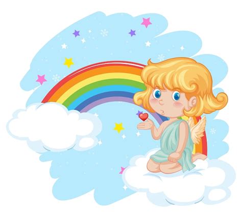 Chica Ngel En La Nube Con Arco Iris Vector Gratis