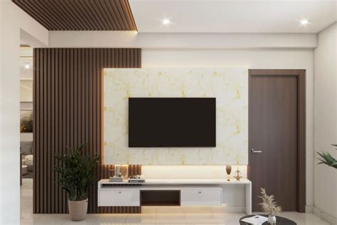 Spacious Wood And White TV Unit Design With Marble Back Panel And