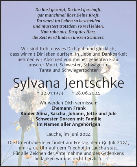 Traueranzeigen Von Sylvana Jentschke Abschied Nehmen De