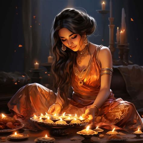 Premium AI Image | Indian lady lighting lamps for Diwali festival ...