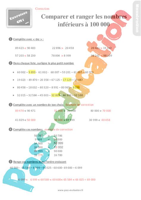 Comparer et ranger les nombres inférieurs à 100 000 au Cm1 Evaluation