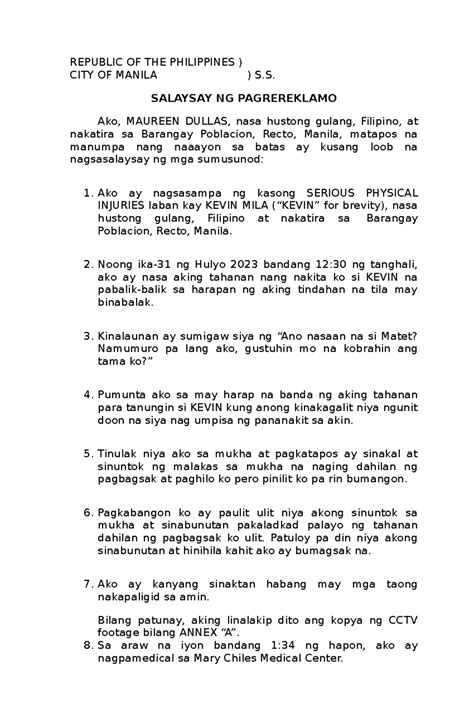 salaysay ng pagrereklamo laban kay kevin mila kaso ng