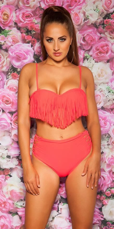 Sexy Pushup Bikini Met Hoge Taille Broek Koraal Kleurig Bandeau