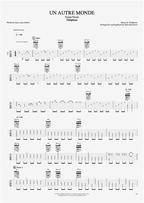 Tablature Un Autre Monde De Telephone Guitar Pro Guitare Et Voix