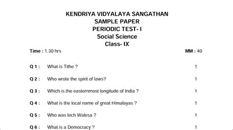 Class 9 SST PT 1 Paper Social Science For Kendriya Vidyalaya Students