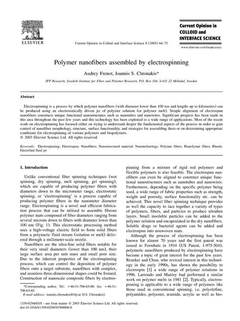 Polymer Nanofibers Assembled Current Opinion In Colloid And Interface