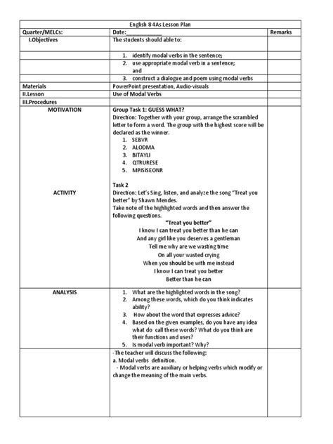 Modal Verbs Lesson Plan V2 Pdf Verb Cognition