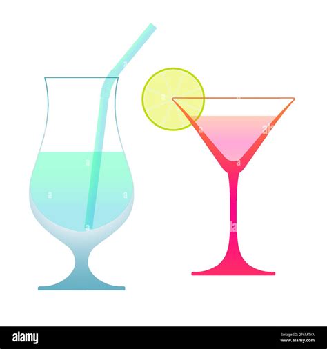 Wine Or Cocktail Glasses With Straw And Lime Slice Gradient Drink Glasses Vector Illustration