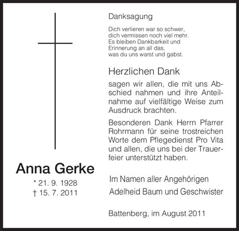 Traueranzeigen Von Anna Gerke Trauer HNA De