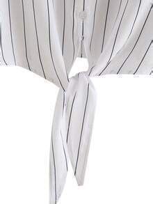 White Lapel With Pockets Vertical Striped Knotted Blouse Shein Sheinside