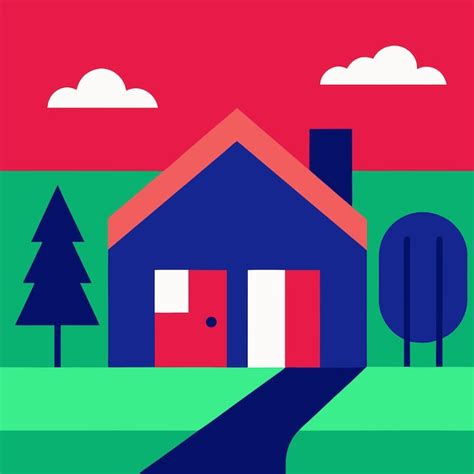 Una casa azul con una puerta roja y un árbol en el fondo Vector